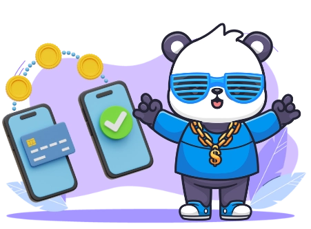 A cool panda with sunglasses and a gold chain, standing between two smartphones, with coins transferring between them, suggesting a focus on mobile payments and financial transactions.