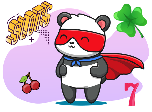 Panda dressed as a superhero with a red mask and cape, surrounded by a green clover, cherries, the word 'SLOTS' in bold letters, and the number 7 on a purple background.