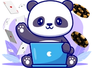 A cute panda sitting on a laptop with playing cards flying around. Casino chips are also visible in the background.