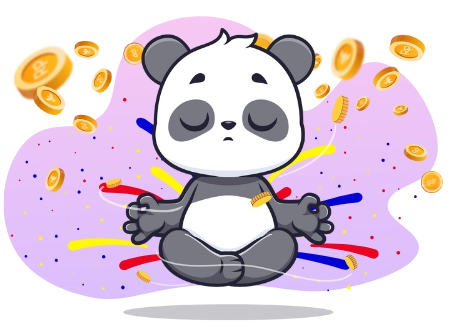 A serene panda cartoon character meditates while surrounded by falling coins.