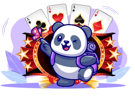 Cute panda cartoon character with a backpack, holding a butterfly and surrounded by playing cards, suggesting a focus on online casinos and gambling.