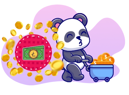 Happy panda celebrating Litecoin's success, with a cart full of coins, Litecoin symbols, and falling coins.