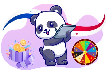 Playful panda promoting casino bonuses, with a tablet, a gift box, coins, and a wheel of fortune.