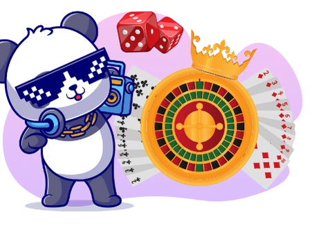 Happy panda celebrating casino wins, with dice, playing cards, a roulette wheel, and a boombox.