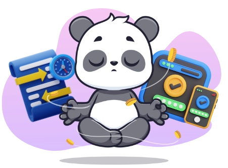 A cute panda meditating, with a smartphone, a tablet, and a checklist, suggesting a focus on efficient and secure online transactions.