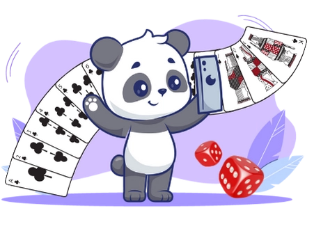 Happy panda cartoon character enjoying the excitement of online casinos, with playing cards and dice.