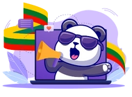 A cool panda wearing sunglasses, shouting through a megaphone while standing in a laptop screen, with Lithuanian flag ribbons and chat icons in the background.