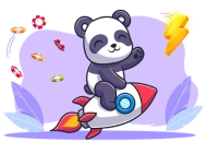 A joyful panda rides on a rocket with poker chips flying in the background and a lightning bolt above, set against a light purple backdrop with foliage.