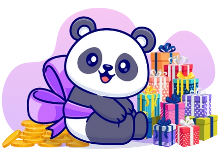 Happy panda enjoying the benefits of online casino bonuses, with gift boxes and coins.