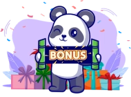 Panda winking while holding a blue scroll with the word 'BONUS' written in bold orange and yellow letters. The background features colorful wrapped gift boxes and confetti in a festive atmosphere,