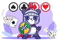 panda dressed as a medieval knight, wearing armor and holding a shield with a green and yellow design. Playing cards, dice, and poker suit icons float around, with soft purple leaves in the background.