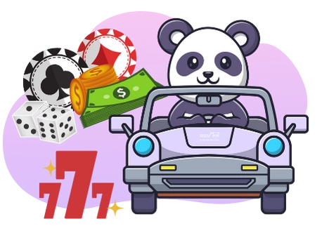 A cute panda driving a car with playing cards, dice, money, and the numbers 777 in the background.