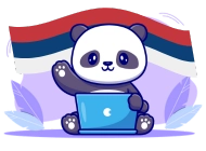 Panda using a laptop, waving with the Serbian flag in the background, set against a purple backdrop with decorative leaves.