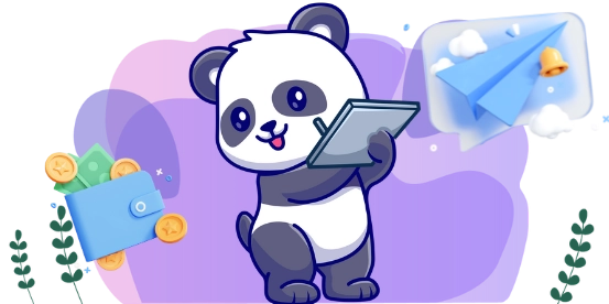 Panda holding a tablet, surrounded by graphics of a wallet with coins and bills, a blue paper airplane notification icon, and a purple background with soft accents.