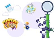 Panda holding a magnifier, with vibrant cards and slots, and terms paper in the background.