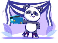 Panda wearing sneakers winks while holding two credit cards, set against a purple background featuring decorative leaves and a fabric banner resembling the Uruguayan flag.