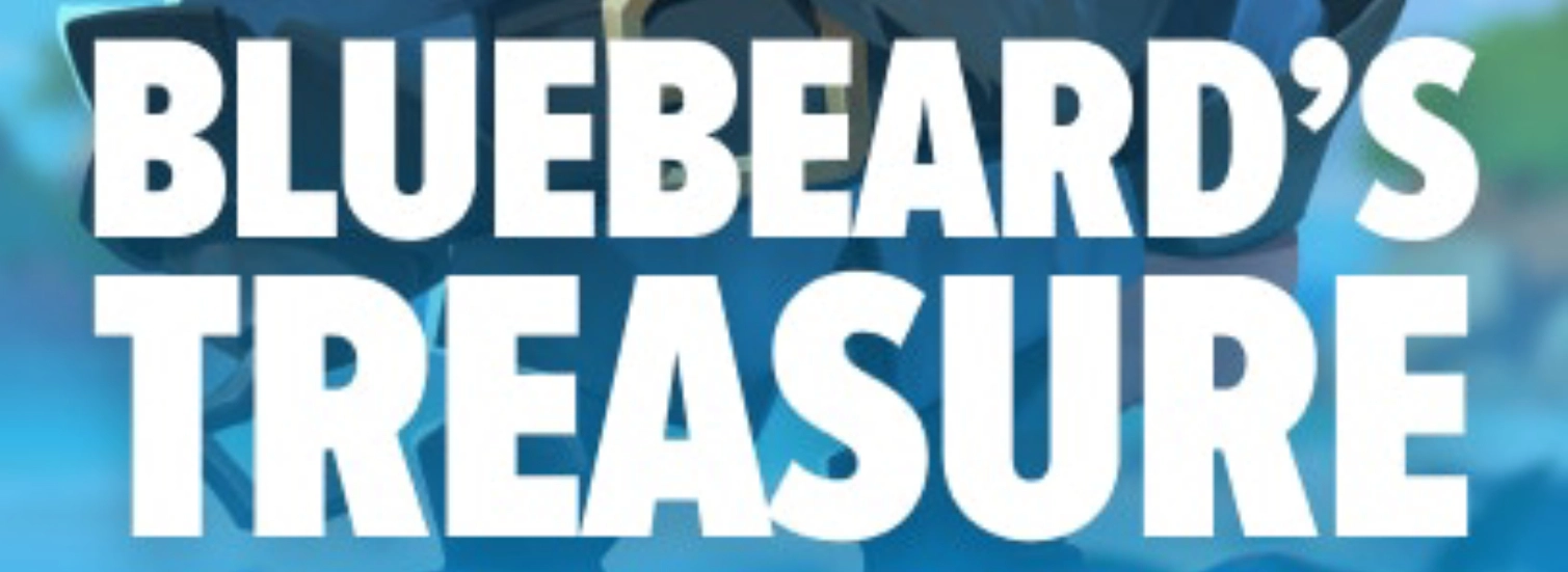 The text 'Bluebeard's Treasure' in bold white letters over a blurred background, set against a blue and green oceanic scene.