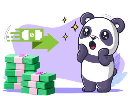 A surprised panda looking at a stack of money with an arrow pointing towards it, suggesting a focus on financial growth or income.