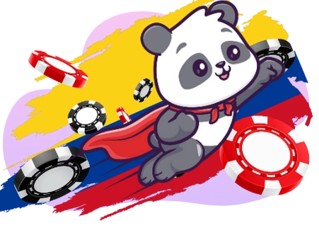 Happy panda celebrating Colombian online casinos, with a Colombian flag, poker chips, and a superhero cape.