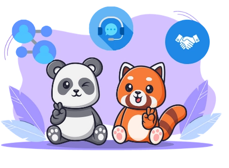 Two cute cartoon animals, a panda and a red panda, representing teamwork and collaboration, with icons for customer support and partnership.