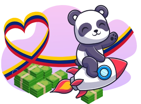 A smiling panda cartoon character rides a rocket over stacks of money, with the Venezuelan flag forming a heart shape in the background.