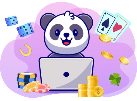 Happy panda enjoying the excitement of online casinos, with a laptop, dice, playing cards, and coins.