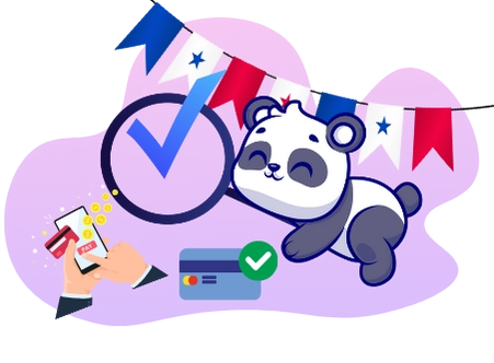 A cute panda sleeping peacefully, with a checkmark, a smartphone, and credit cards, suggesting a focus on secure and easy online payments.