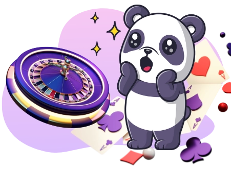 Happy panda enjoying the fun of casino games, with a roulette wheel and playing cards.