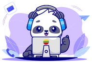 A happy panda wearing headphones, working on a computer with a Lithuanian flag sticker, surrounded by communication icons in the background.