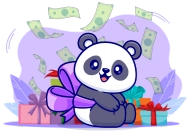 A happy panda with a large purple ribbon sits among colorful gift boxes, while dollar bills float above, set against a light purple background with decorative foliage.