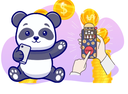 Happy panda promoting mobile casino fun, with a smartphone and gold coins.