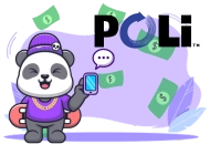 Panda wearing a purple beanie and gold chain, holding a smartphone with a speech bubble above it. The panda has a skateboard on its back, and dollar bills are floating in the air. The word 'POLi' is displayed prominently in bold letters on a purple-themed background