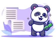 Panda winkingl, standing next to large, rolled documents. The background features soft purple tones with decorative leaves and sparkles.