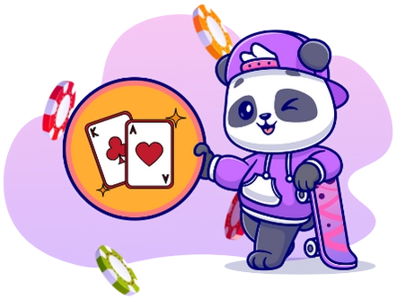 A cartoon panda wearing a purple hoodie and a cap, holding a skateboard and two playing cards.