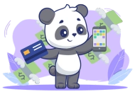 Panda holding a credit card and smartphone with cash floating around, set against a purple background with decorative leaves.