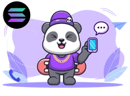 Panda wearing a purple beanie and gold chain, holding a smartphone with a speech bubble, while a skateboard is strapped to its back. The Solana logo and decorative leaves are in the background.