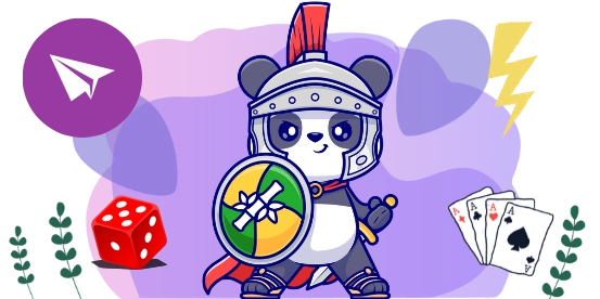 Panda dressed as a gladiator, holding a shield and sword, surrounded by gaming elements including a dice, playing cards, a lightning bolt, and a paper airplane icon, set against a vibrant purple background.