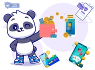 Panda holding a wallet with shiny coins, payment and card game screen, with bank cards.