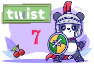 Panda dressed as a Roman soldier, holding a shield and sword. The design features a green sign with the word 'twist,' a red number 7, and cherries in the background, set against a light purple backdrop.