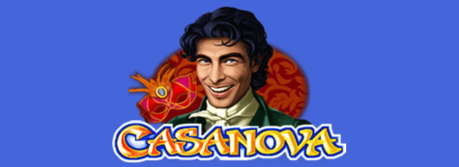 A portrait of Giacomo Casanova with the text "CASANOVA" in a stylized font.