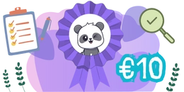 A cute panda is winking and inside a purple ribbon with a checkmark. A clipboard with a checklist and a magnifying glass with a checkmark are in the background. The number 10 in Euros is displayed in the bottom right corner.