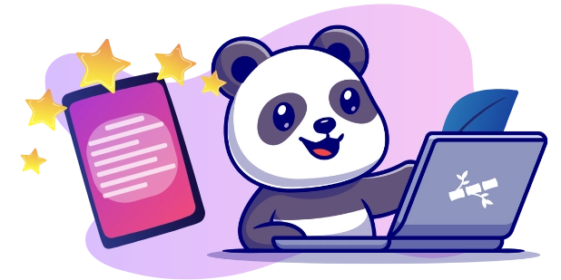 Happy panda enjoying the benefits of online tools, with a laptop, a smartphone, and stars.