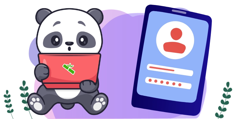 Panda sitting with a red laptop, looking curious, next to a large smartphone screen displaying a login form, on a purple background with small green leaves.