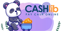 A cute panda pushing a wheelbarrow full of gold coins. The text "CASHlib PAY CASH ONLINE" is displayed above.