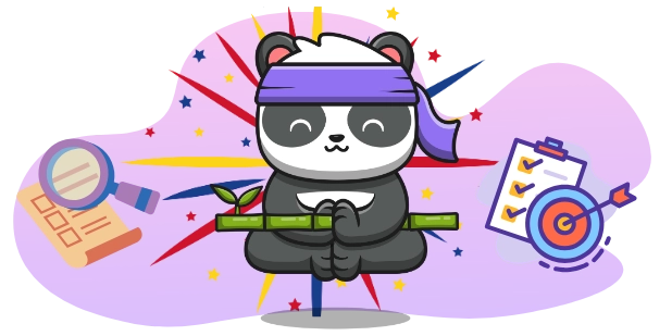 A cute panda meditating on a bamboo stick, with a magnifying glass, a checklist, and a target, suggesting a focus on research, planning, and goal setting.