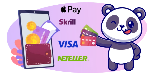 Happy panda enjoying the convenience of online payments, with credit cards, a smartphone, and payment logos.