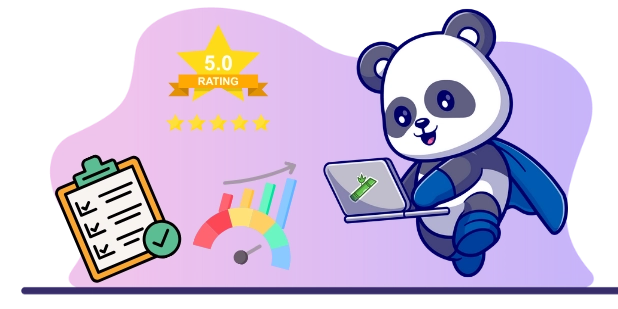 Cute panda cartoon character with a superhero cape, working on a laptop, with a checklist, a rating star, and a progress bar, suggesting a focus on quality and customer satisfaction.