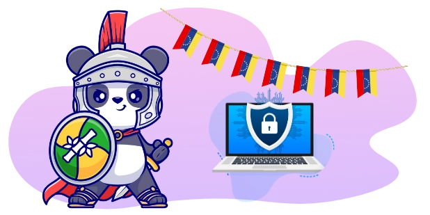 A brave panda cartoon character in a Roman helmet holds a shield and sword, standing guard over a laptop with a secure lock symbol, with Venezuelan flags hanging as decorations.