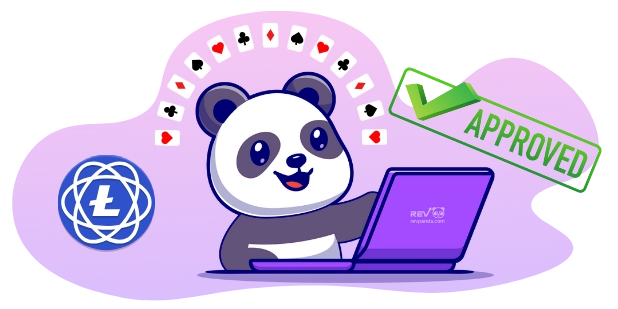 Playful panda promoting licensed Litecoin casinos, with playing cards, a laptop, and an "APPROVED" stamp.