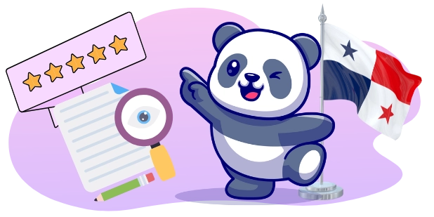 A cute panda pointing towards a document with a magnifying glass, with a five-star rating and a Panamanian flag in the background, suggesting a focus on customer reviews and satisfaction in Panama.